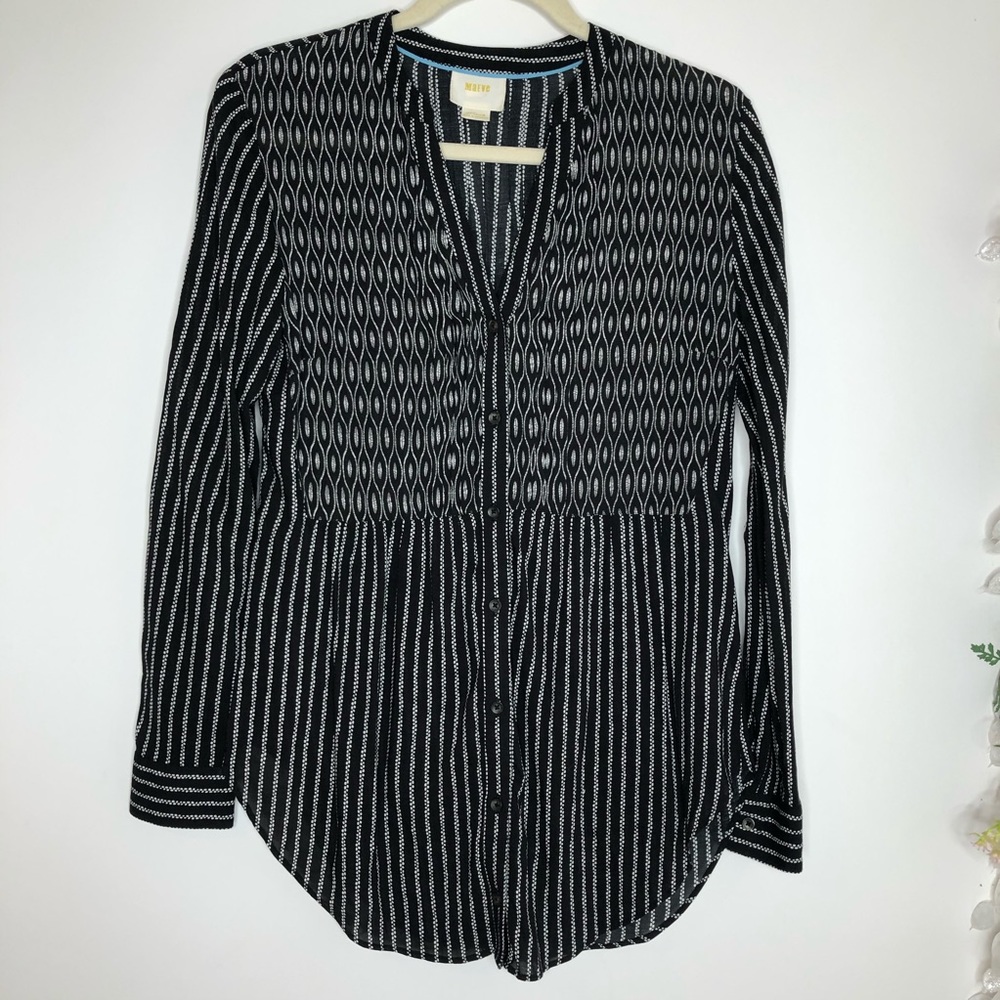 Maeve black and white striped long sleeve blouse